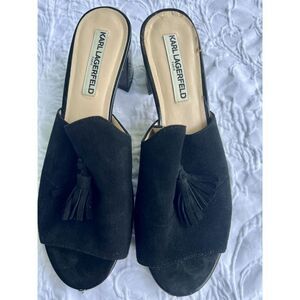 Karl Lagerfield Black Suede Dressy Slip Ons,‎ 9.5, Patent Heel, Tassel